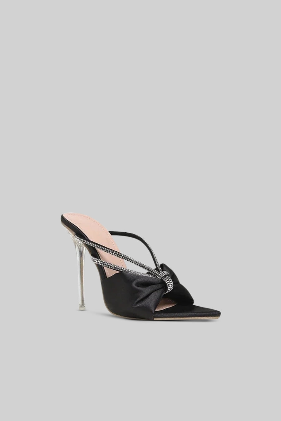 SANDALIAS DE TACON ALTO DE SATEN CON ADORNOS- NEGRO